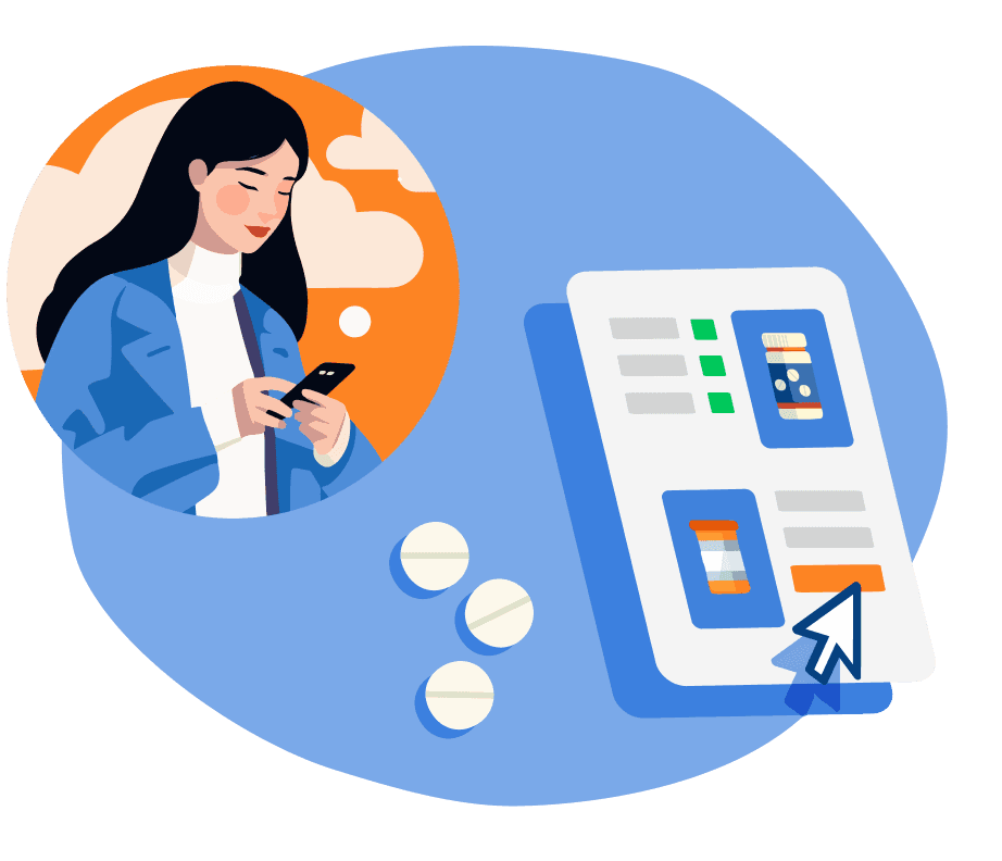 generic cartoon of man on phone, pills, and website